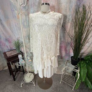 VTG📌 David Rose Lace 1980s Cream Long Sleeve Formal - Wedding - Cocktail Dress